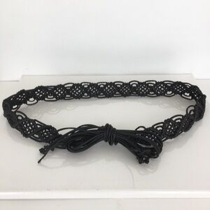 Vintage Black Leather Macrame Woven Belt Boho Fringe